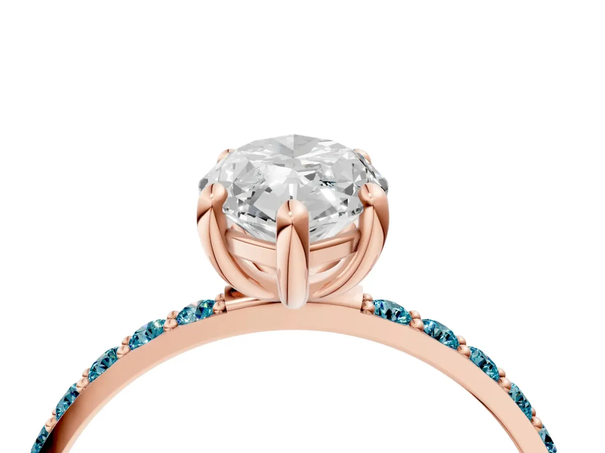 Marquise Cut Diamond Solitaire Ring with Round Blue Topaz Pavé Band and Prong Setting Rose gold