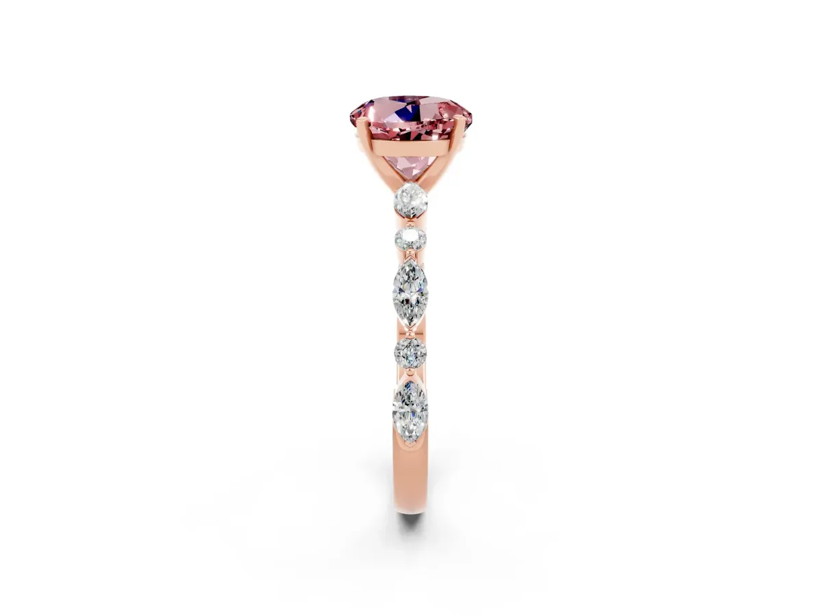 Round Cut Morganite Ring with Marquise and Round Side Stones and Four-Prong Setting Rose gold