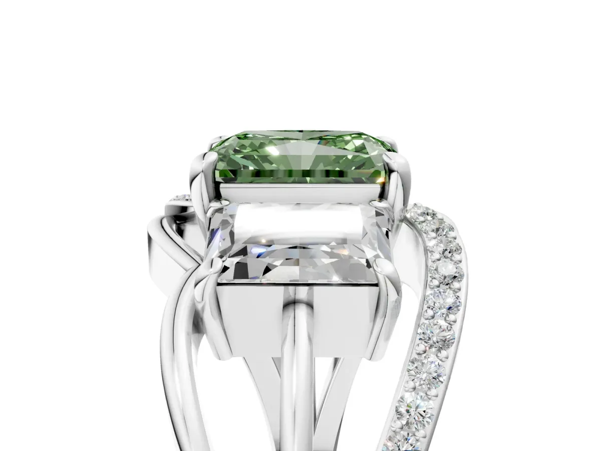 Fancy Green Three-Stone Radiant Cut Cut Diamond Split Shank Prong Set Ring Platinum