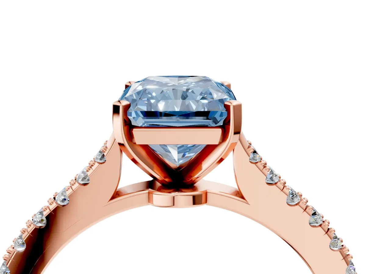 Fancy Blue Radiant Cut Cut Solitaire Diamond Engagement Ring with Pave Band and Four-Prong Setting Rose gold