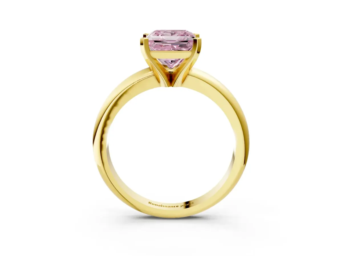 Fancy Pink Princess Cut Diamond Solitaire Engagement Ring with Round Band and Four-Prong Setting Yellow gold