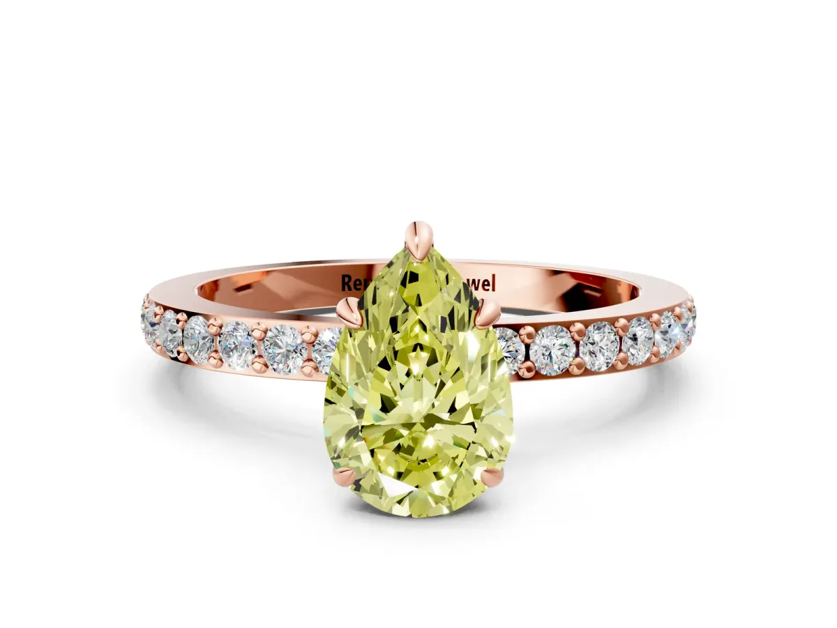 Fancy Yellow Pear Cut Diamond Solitaire Engagement Ring with Pavé Band and Four-Prong Setting Rose gold