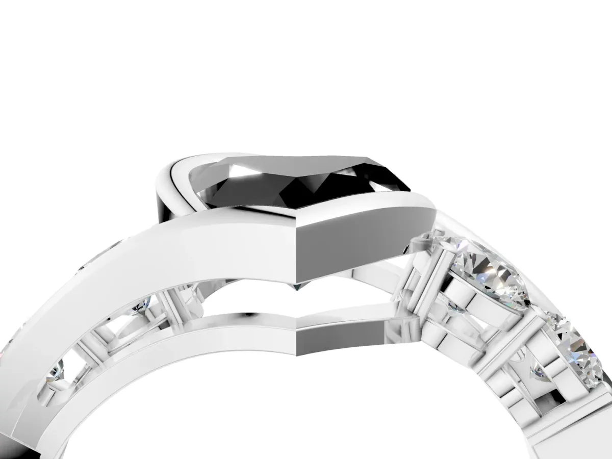 Fancy Black Bezel Set Heart Cut Diamond Bypass Ring with Round Accents Silver
