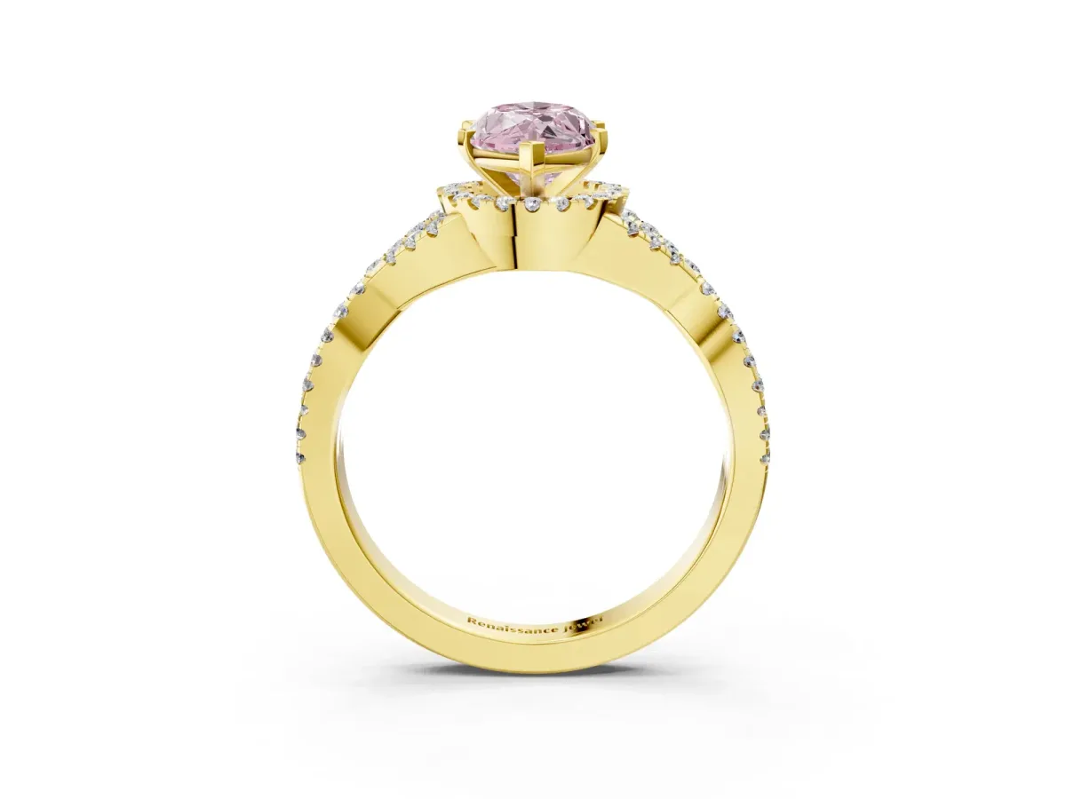 Fancy Pink Marquise Cut Diamond Halo Twist Band Solitaire Prong Setting Ring Yellow gold