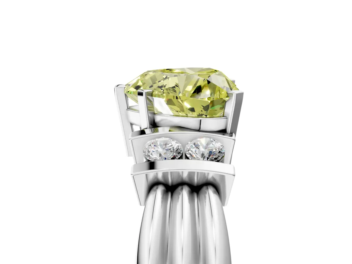 Fancy Yellow Heart Cut Cut Three-Stone Channel Set Ring with Bar Prongs Platinum
