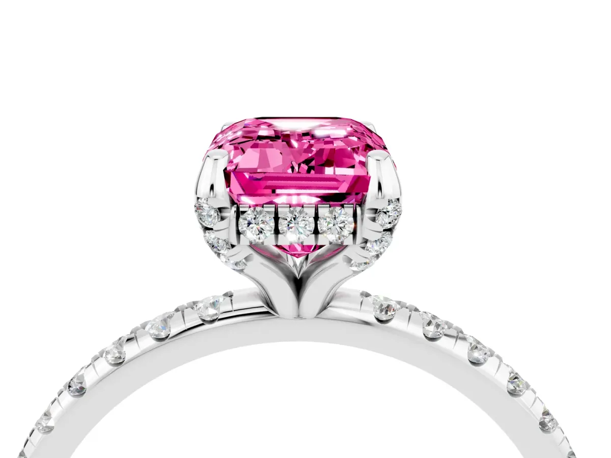 Emerald Cut Pink Sapphire Hidden Halo Engagement Ring with Round Pavé Band and Prong Setting Silver