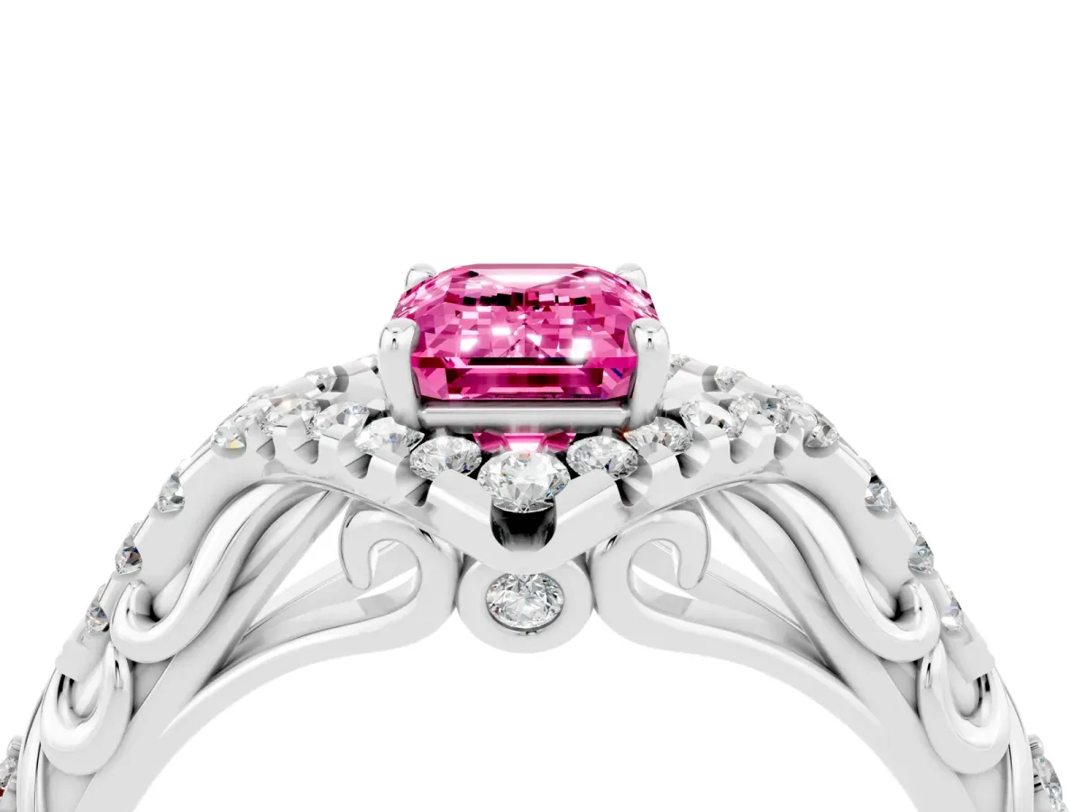 Emerald Cut Pink Sapphire Solitaire Ring with Hidden Halo and Pavé Band White gold