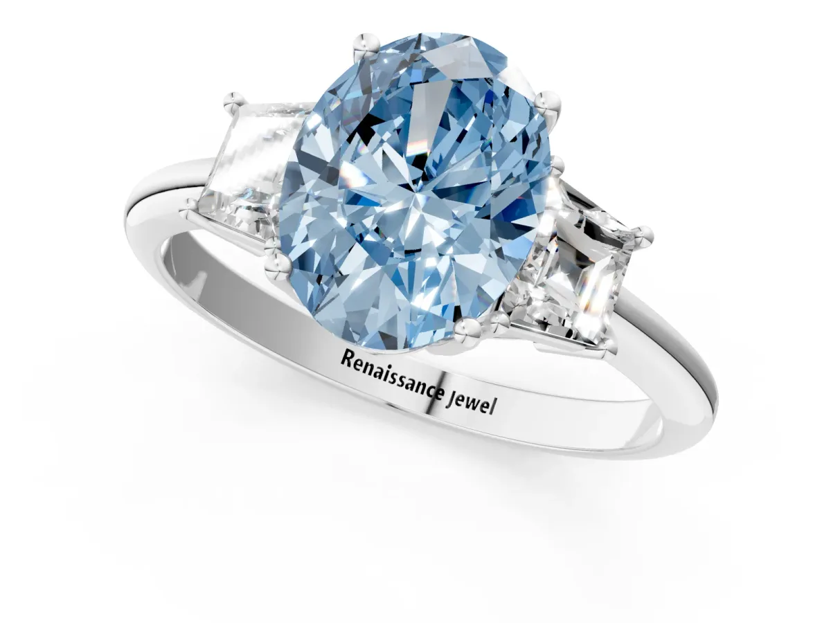 Fancy Blue Oval Cut Diamond Three-Stone Ring with Trapezoid Side Stones and Prong Setting Silver