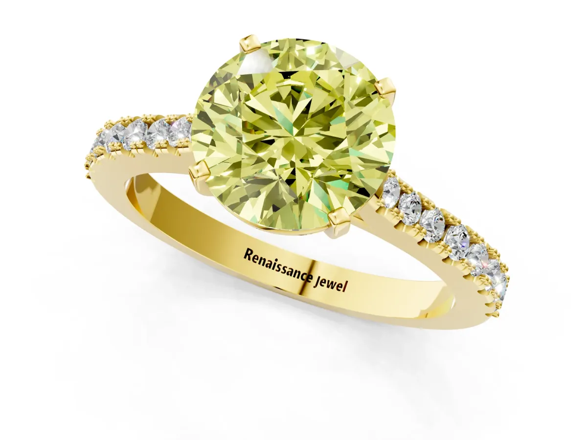 Fancy Yellow Round Cut Cut Solitaire Diamond Engagement Ring with Pave Band and Four-Prong Setting Yellow gold