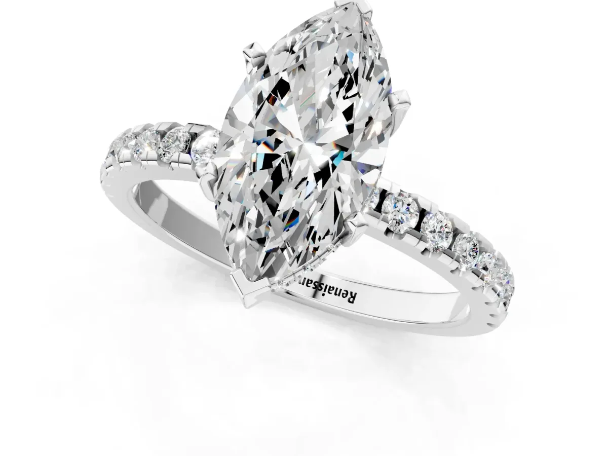 Marquise Cut Diamond Solitaire Ring with Round Moissanite Pavé Band and Four-Prong Setting White gold