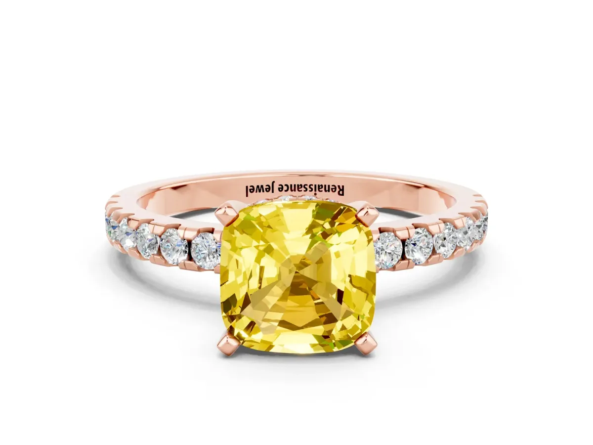 Cushion Cut Yellow Sapphire Solitaire Ring with Round Pavé Band and Four-Prong Setting Rose gold