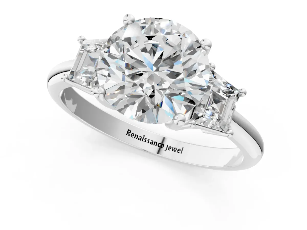 Round Cut Diamond Three-Stone Ring with Trapezoid Side Stones and Prong Setting White gold