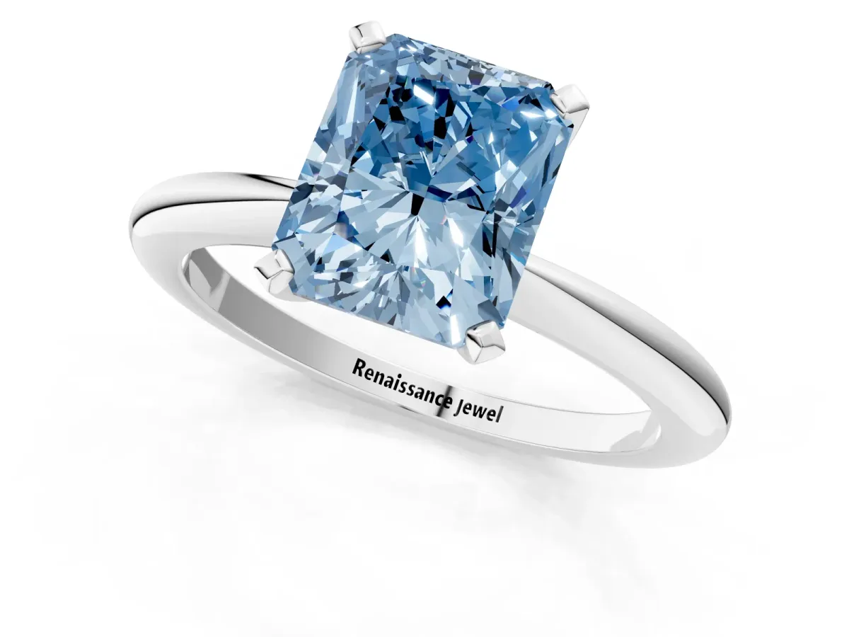 Fancy Blue Radiant Cut Diamond Solitaire Ring with Six-Prong Setting and Classic Band Silver
