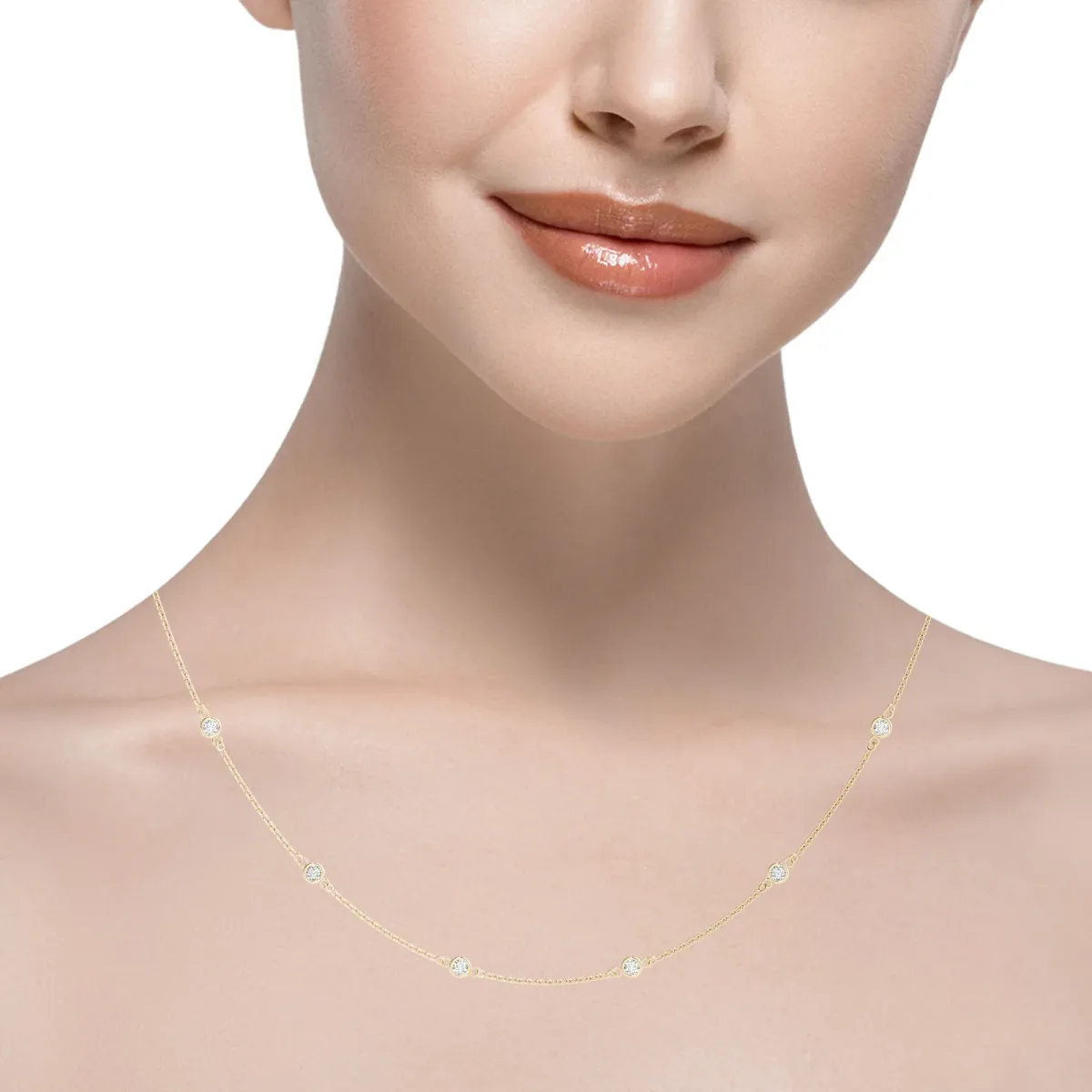 Bezel-Set Round Diamond Station Necklace with Cable Chain Yellow gold