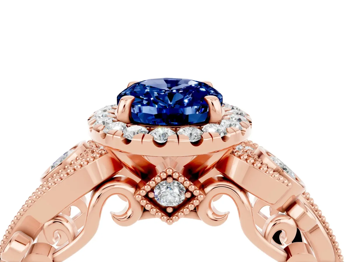 Oval Cut Blue Sapphire Halo Ring with Milgrain Pavé Band and Four-Prong Setting Rose gold