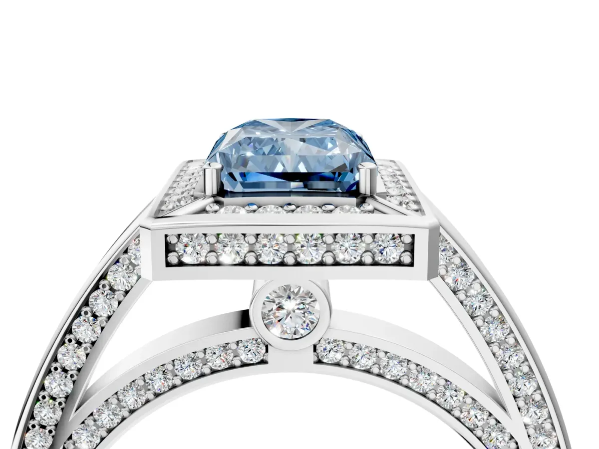 Fancy Blue Radiant Cut Cut Halo Pave Split Shank Prong Setting Ring Platinum