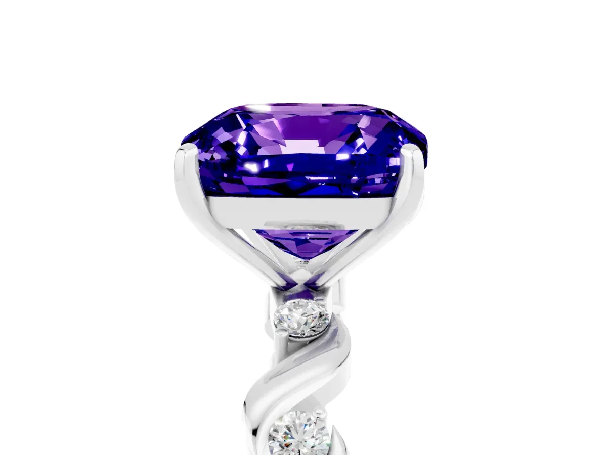 Cushion Cut Tanzanite Solitaire Twisted Band with Round Accents and Prong Setting White gold