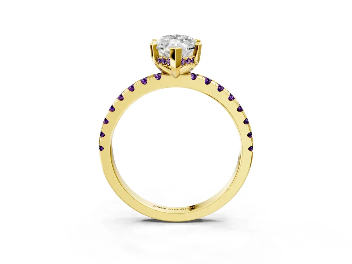Marquise Cut Diamond Solitaire Ring with Round Amethyst Pavé Band and Four-Prong Setting Yellow gold