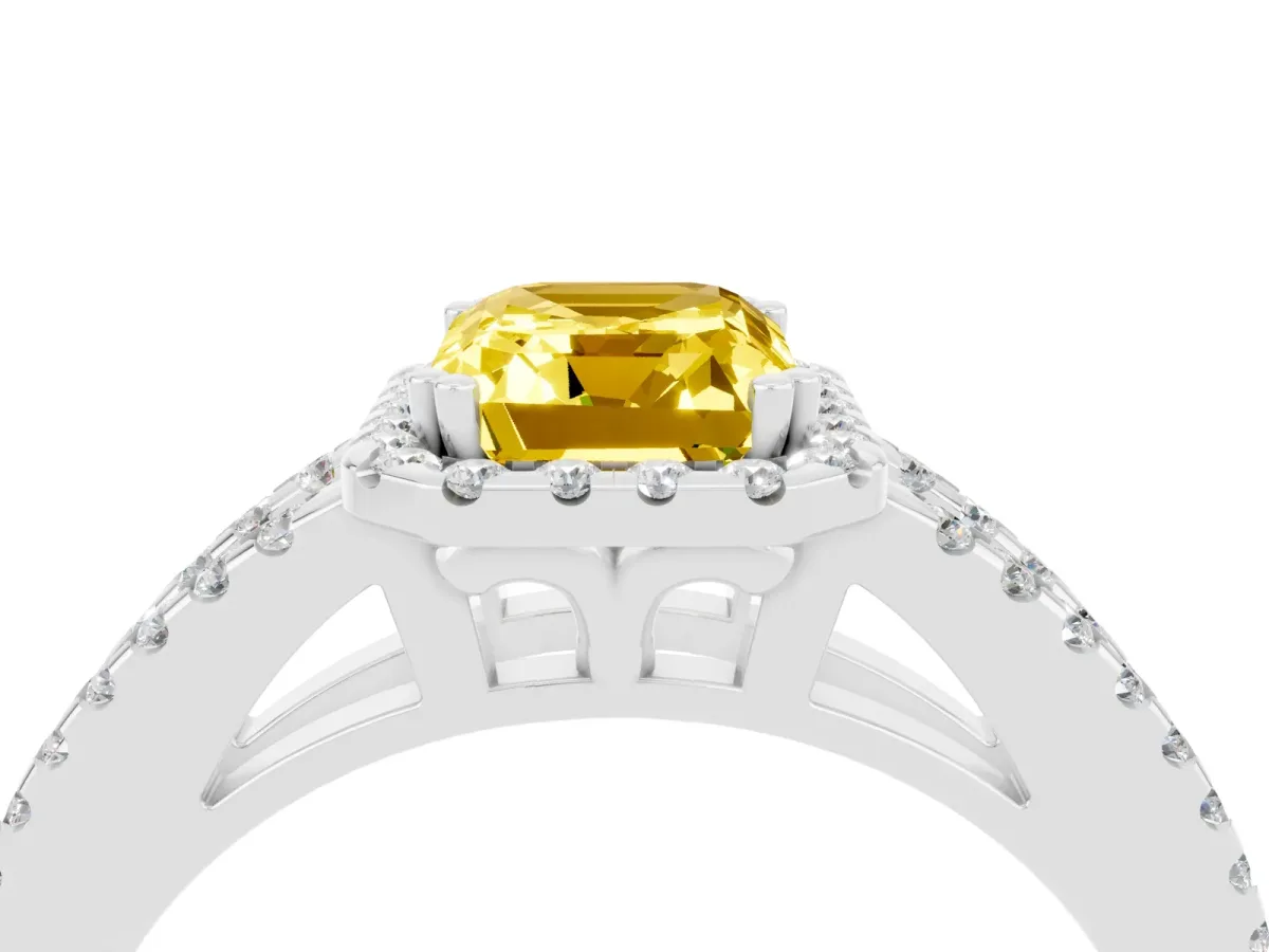 Emerald Cut Yellow Sapphire Halo Split Shank Engagement Ring Platinum