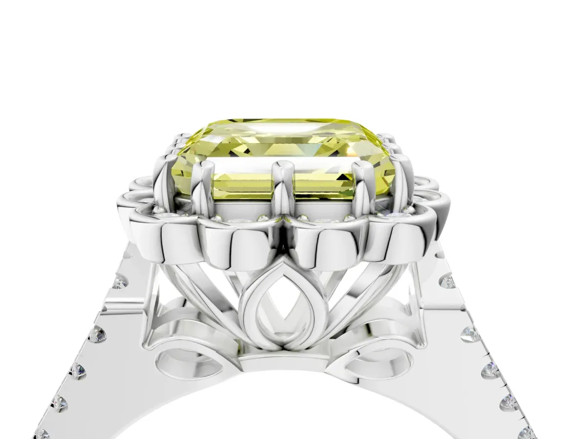 Fancy Yellow Asscher Cut Halo Diamond Floral Split Shank Engagement Ring Platinum