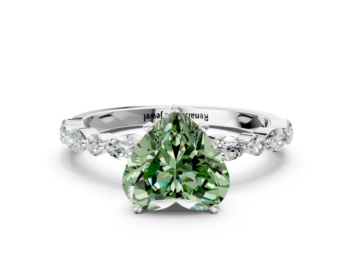 Fancy Green Heart Cut Diamond Ring with Marquise and Round Side Stones and Four-Prong Setting White gold