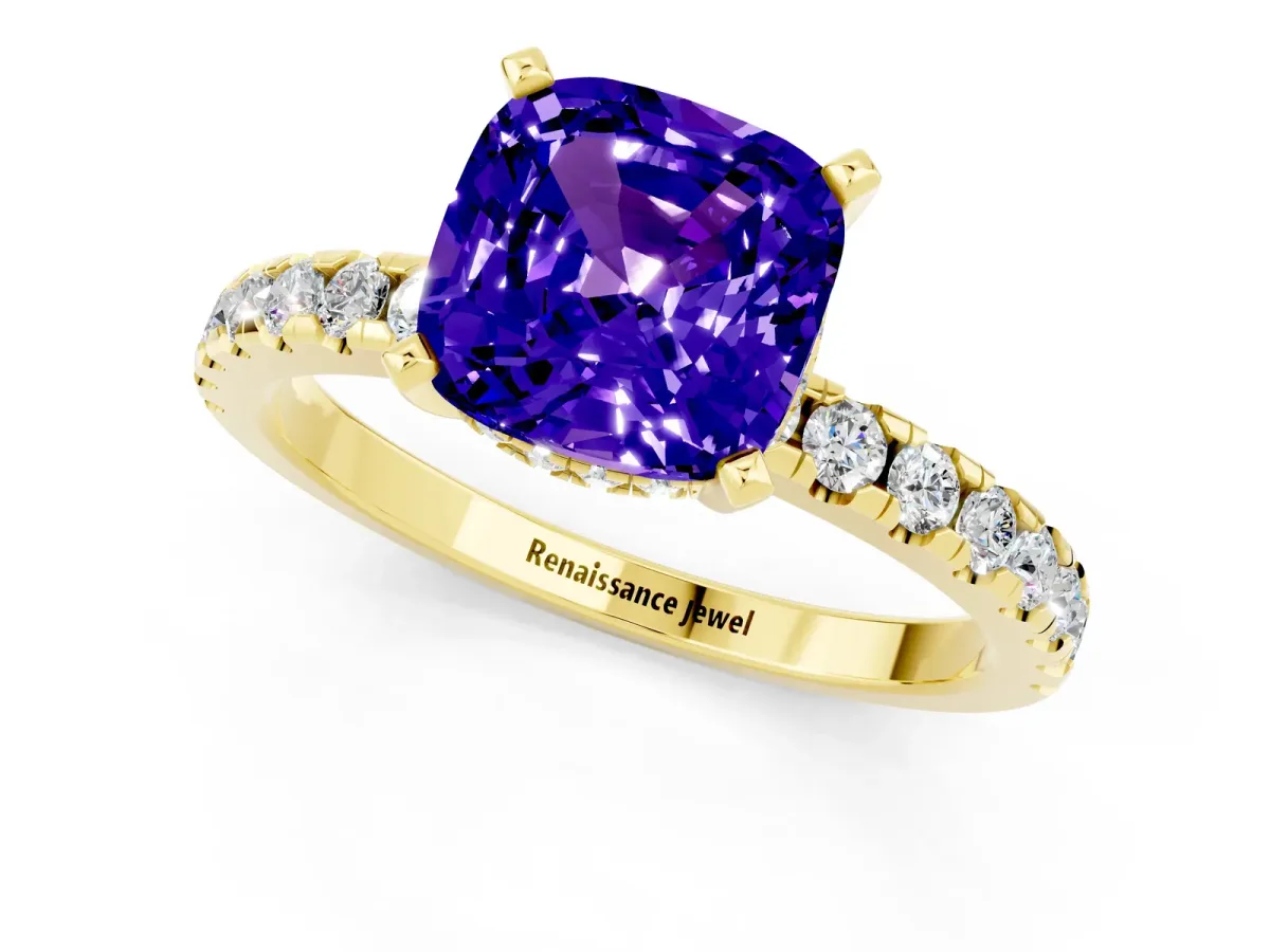 Cushion Cut Tanzanite Solitaire Ring with Round Pavé Band and Four-Prong Setting Yellow gold