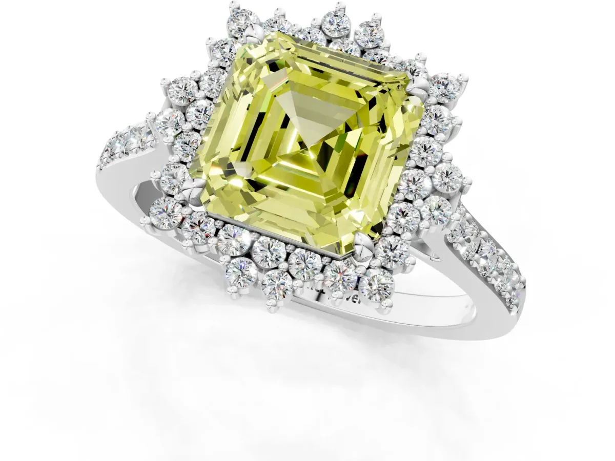 Fancy Yellow Asscher Cut Cut Diamond Sunburst Halo Engagement Ring with Pavé Band Platinum