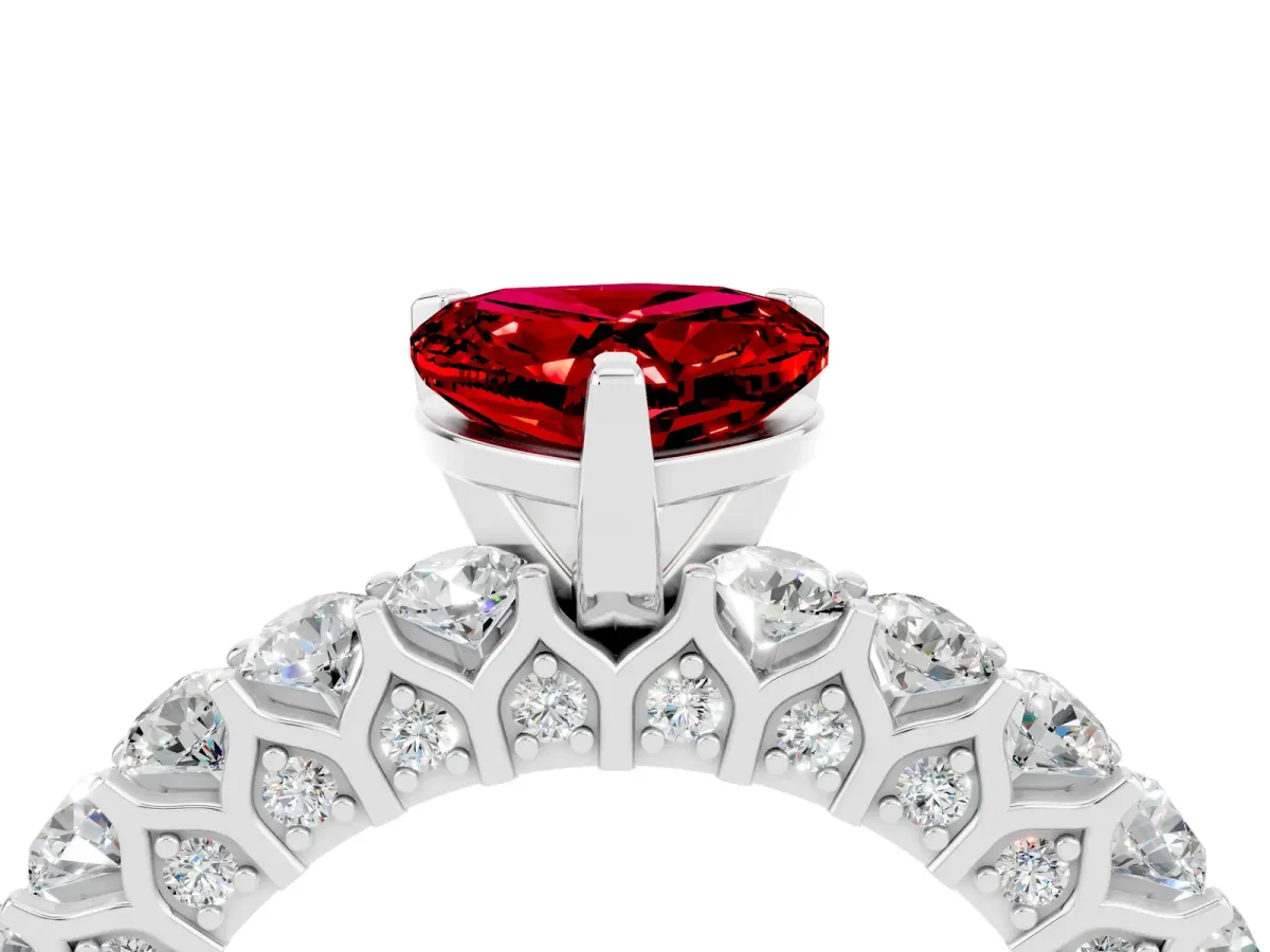 Heart Cut Ruby Solitaire Ring with Shared Prong Pavé Band and Four-Prong Setting Silver