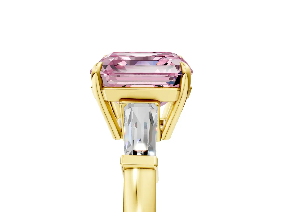 Fancy Pink Asscher Cut Diamond Three-Stone Ring with Tapered Baguette Side Stones and Prong Setting Yellow gold