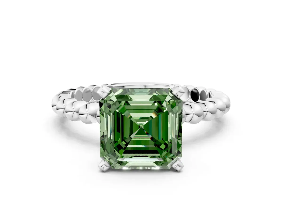 Fancy Green Asscher Cut Diamond Solitaire Ring with Beaded Band and Prong Setting Platinum