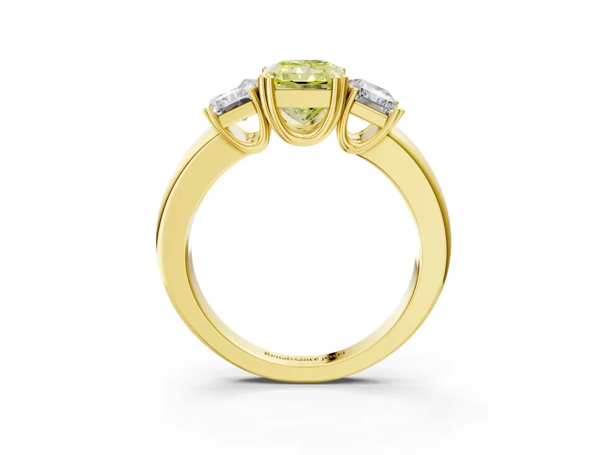 Fancy Yellow Three-Stone Radiant Cut Cut Diamond Ring with Channel Set Band and Four-Prong Setting Yellow gold