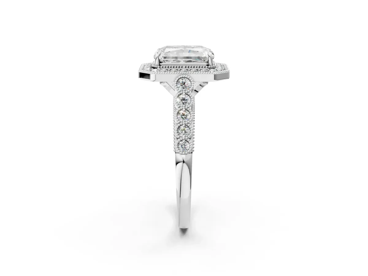 Radiant Cut Halo Milgrain Solitaire with Bezel Set Side Stones and Pave Band Platinum
