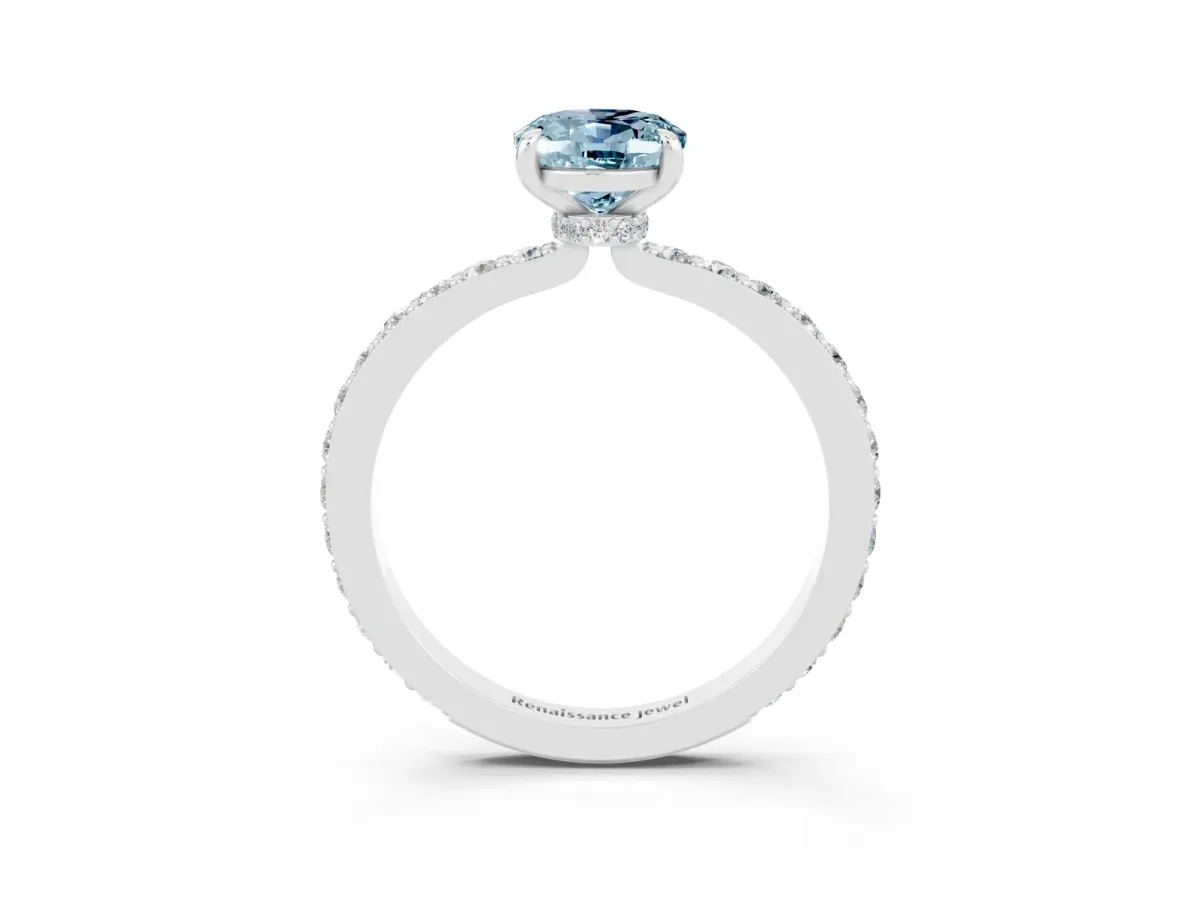 Oval Cut Aquamarine Solitaire Engagement Ring with Pavé Band and Four-Prong Setting White gold