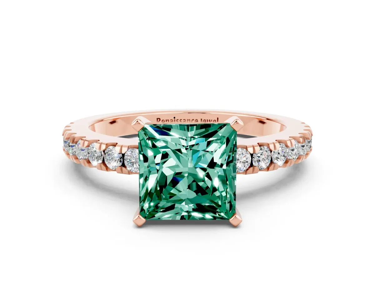 Princess Cut Solitaire Green Sapphire with Pavé Band and Four-Prong Setting Rose gold