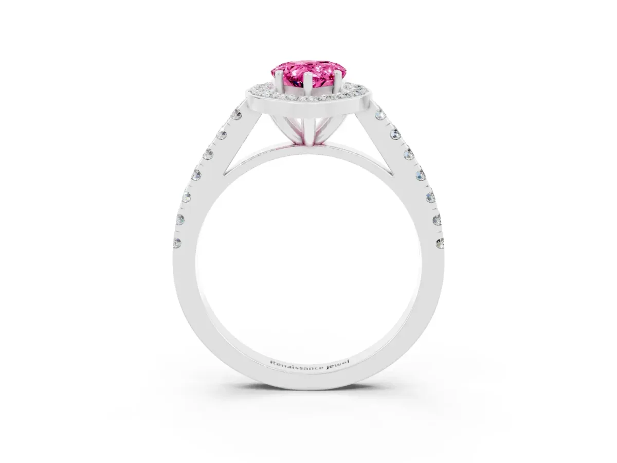 Pear Cut Pink Sapphire Halo Ring with Round Pavé Split Shank and Prong Setting Platinum