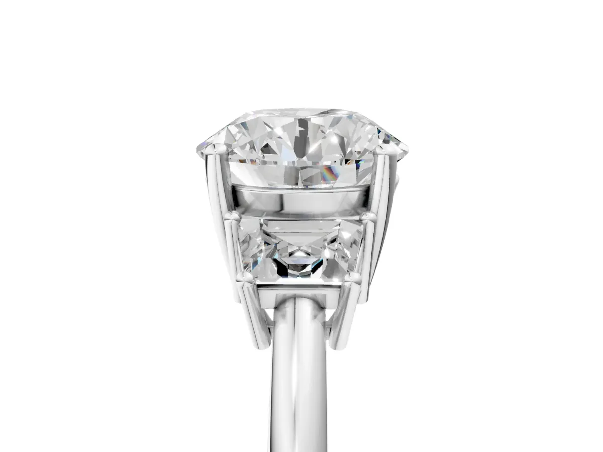 Round Cut Diamond Three-Stone Ring with Trapezoid Side Stones and Prong Setting White gold