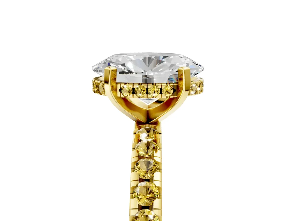 Oval Cut Diamond Solitaire Ring with Round Yellow Sapphire Pavé Band and Four-Prong Setting Yellow gold
