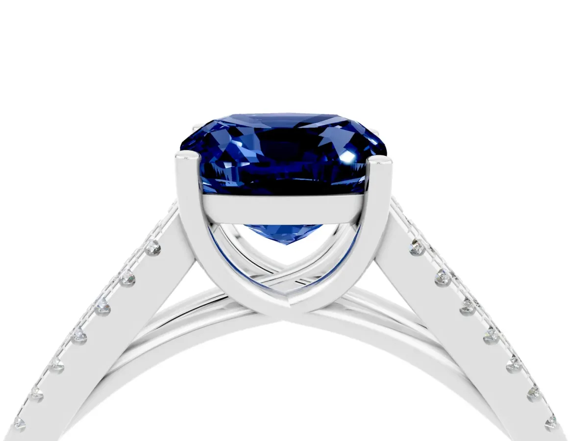 Cushion Cut Blue Sapphire Solitaire Engagement Ring with Split Shank Pavé Band Silver