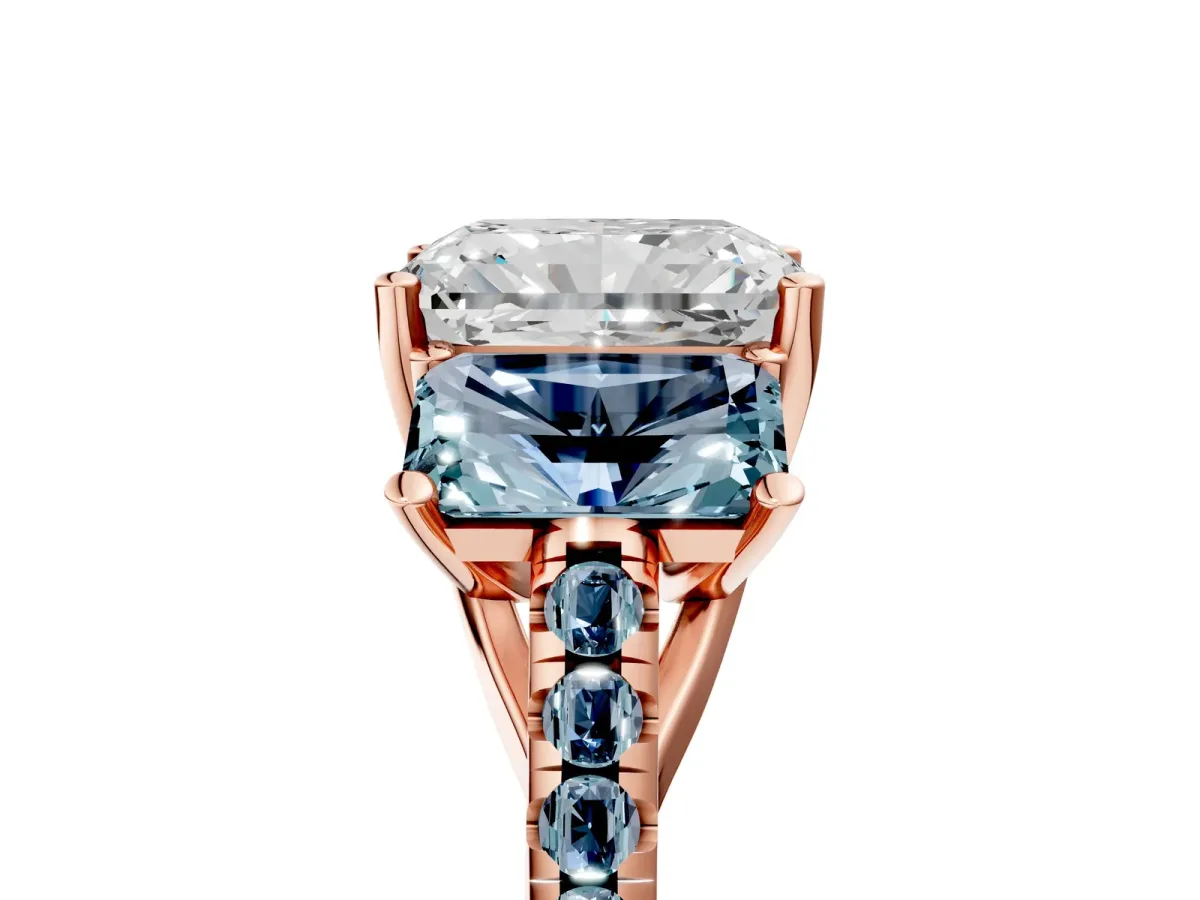 Three-Stone Radiant Cut Diamond Ring with Round Aquamarine Pavé Band and Prong Setting Rose gold