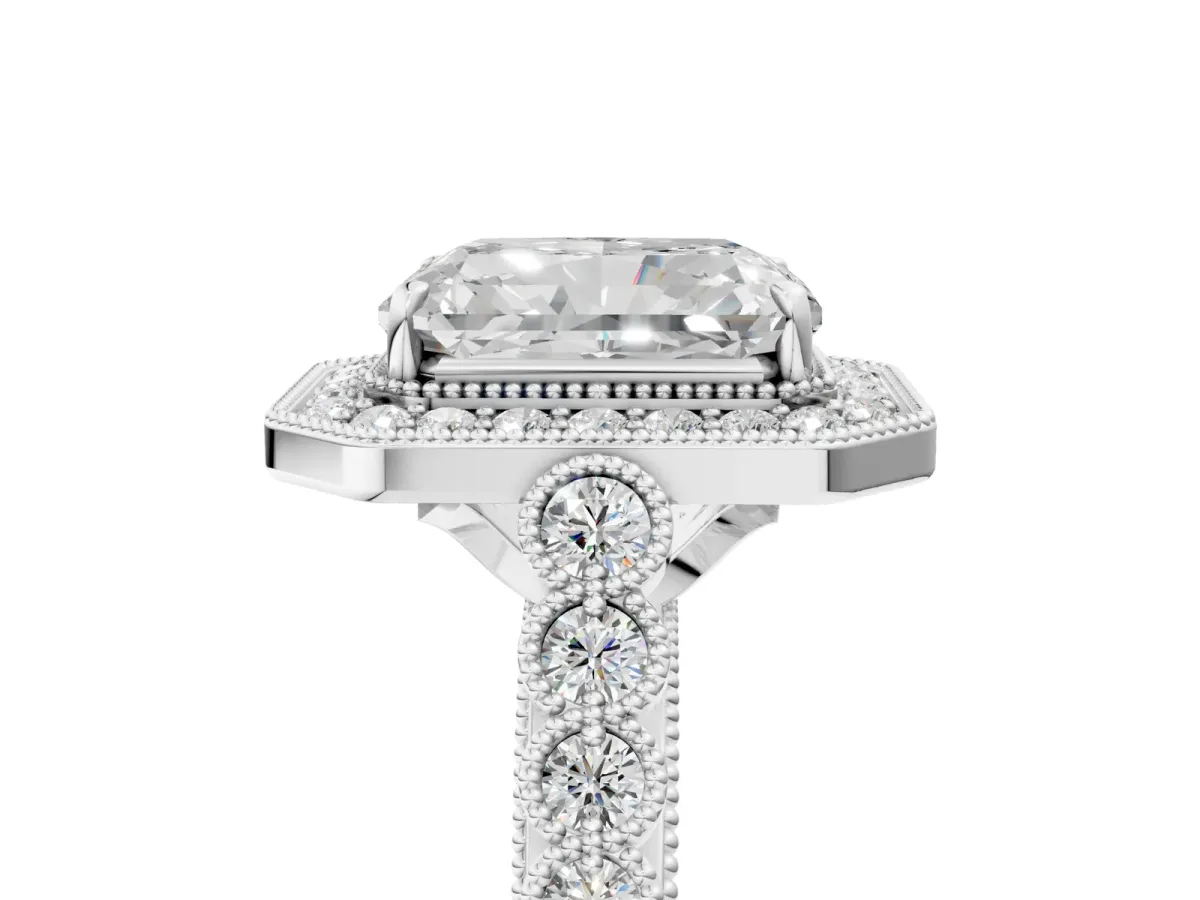 Radiant Cut Halo Milgrain Solitaire with Bezel Set Side Stones and Pave Band Platinum