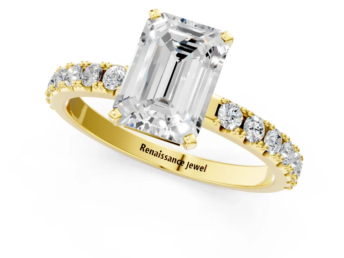 Emerald Cut Diamond Solitaire Pavé Band with Four-Prong Setting Yellow gold