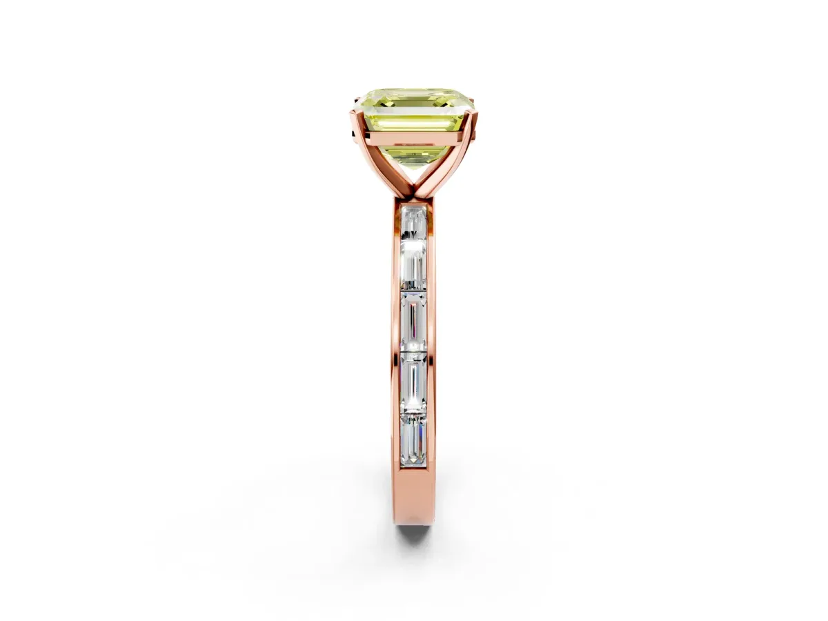 Fancy Yellow Asscher Cut Solitaire Diamond Ring with Channel-Set Baguette Band and Four-Prong Setting Rose gold