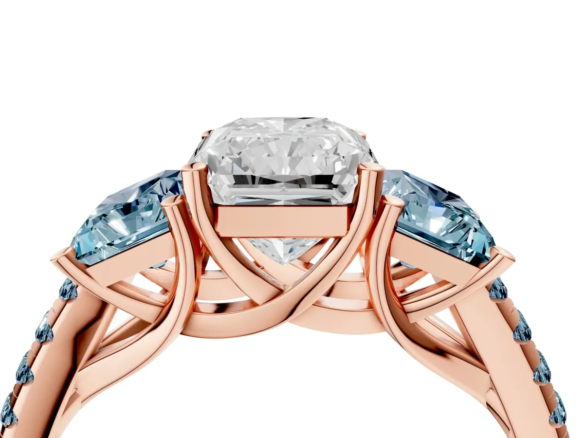 Three-Stone Radiant Cut Diamond Ring with Round Aquamarine Pavé Band and Prong Setting Rose gold
