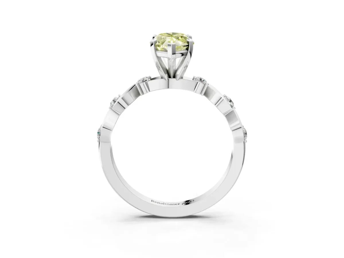 Fancy Yellow Marquise Cut Diamond Solitaire Twisted Band with Round Accents and Prong Setting White gold