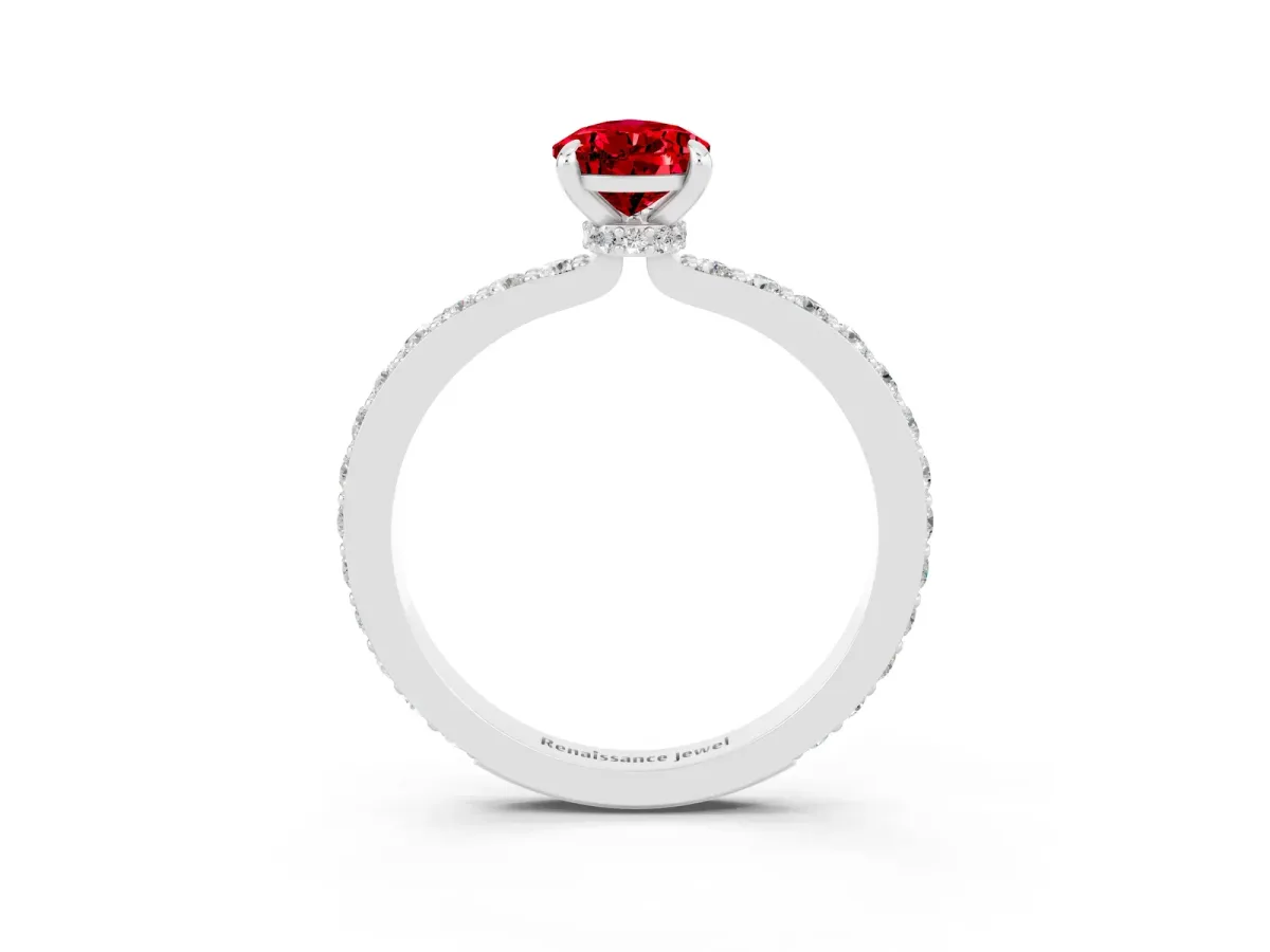Pear Cut Ruby Solitaire Engagement Ring with Pavé Band and Four-Prong Setting Platinum
