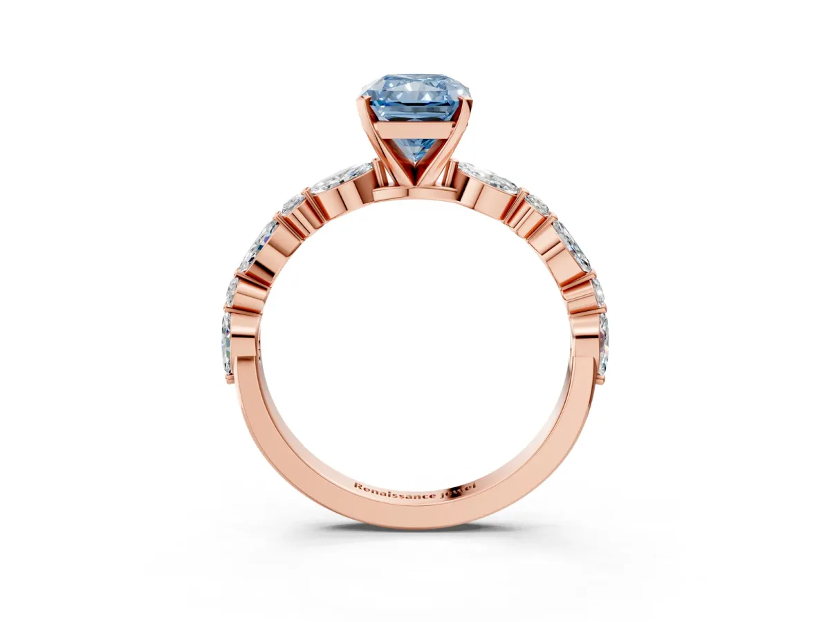 Fancy Blue Radiant Cut Diamond Ring with Marquise and Round Side Stones and Four-Prong Setting Rose gold