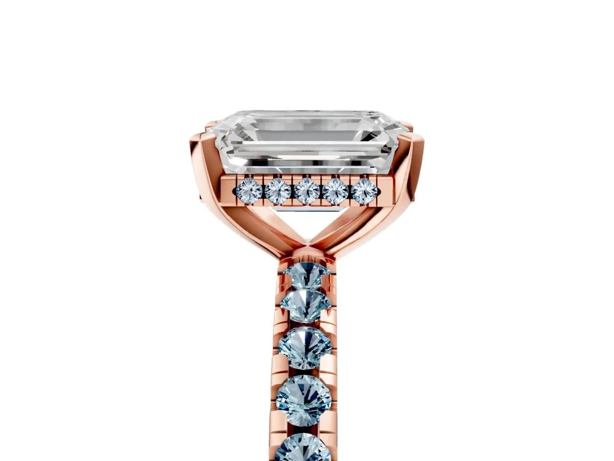 Emerald Cut Diamond Solitaire Ring with Round Aquamarine Pavé Band and Four-Prong Setting Rose gold