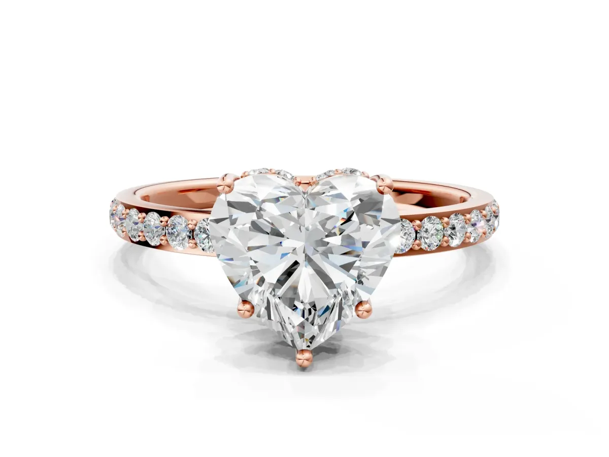 Heart Cut Diamond Solitaire Ring with Pavé Band and Hidden Halo Rose gold