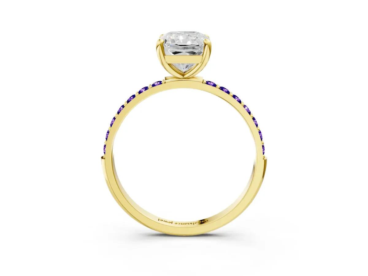 Radiant Cut Diamond Solitaire Ring with Round Tanzanite Pavé Band and Prong Setting Yellow gold