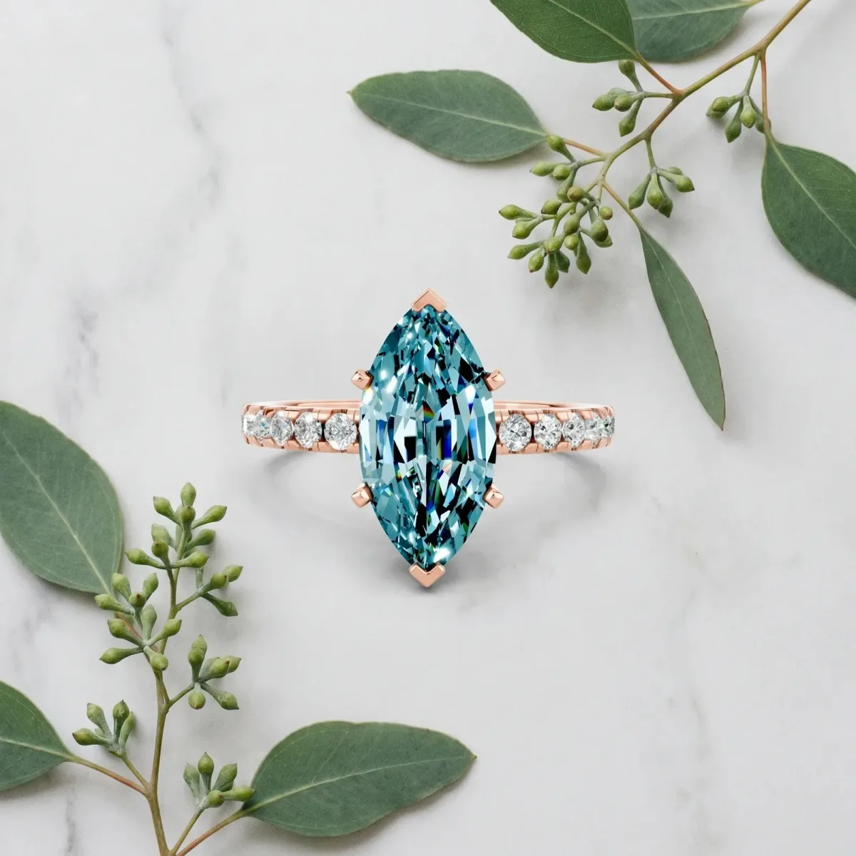 Marquise Cut Blue Topaz Solitaire Ring with Round Pavé Band and Four-Prong Setting Rose gold